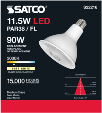 PAR38 LED 11.5 Watt 90 CRI 1000 Lumens 3000K 40° Beam Angle Medium Base 120 Volt