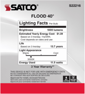 PAR38 LED 11.5 Watt 90 CRI 1000 Lumens 3000K 40° Beam Angle Medium Base 120 Volt