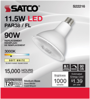 PAR38 LED 11.5 Watt 90 CRI 1000 Lumens 3000K 40° Beam Angle Medium Base 120 Volt