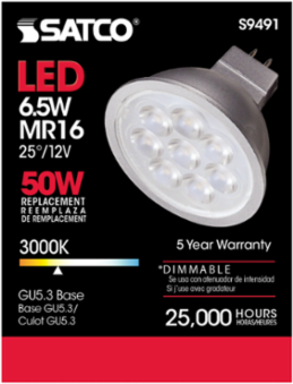 6.5 Watt LED MR16 Lamp - 3000K, 25 Degree Beam Angle, GU5.3 Base, 12 Volt