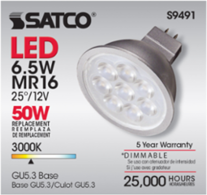 6.5 Watt LED MR16 Lamp - 3000K, 25 Degree Beam Angle, GU5.3 Base, 12 Volt