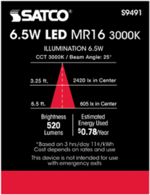 6.5 Watt LED MR16 Lamp - 3000K, 25 Degree Beam Angle, GU5.3 Base, 12 Volt