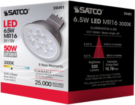 6.5 Watt LED MR16 Lamp - 3000K, 25 Degree Beam Angle, GU5.3 Base, 12 Volt