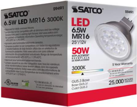 6.5 Watt LED MR16 Lamp - 3000K, 25 Degree Beam Angle, GU5.3 Base, 12 Volt