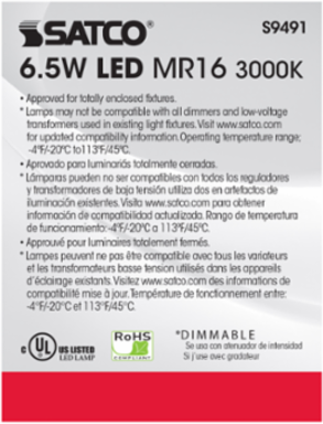 6.5 Watt LED MR16 Lamp - 3000K, 25 Degree Beam Angle, GU5.3 Base, 12 Volt