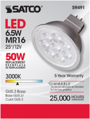 6.5 Watt LED MR16 Lamp - 3000K, 25 Degree Beam Angle, GU5.3 Base, 12 Volt