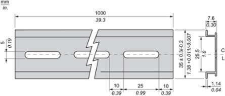 Extruded aluminum DIN rail, SE Relays, for 782/782H relays , 1 m