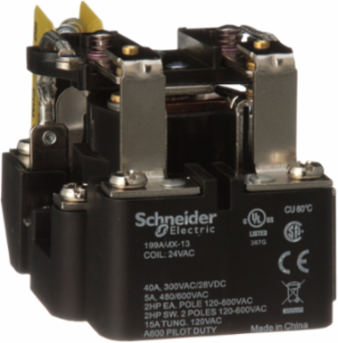 Power Relay, DPDT, auxiliary switch, open cover type, screw terminal, 40A, 24V AC, 2 C/O