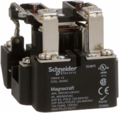 Power relay, SE Relays, DPDT, 40A, 24 VAC, open type, heavy duty