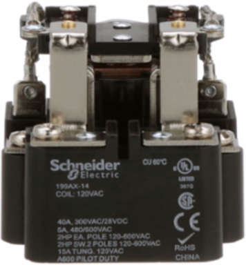 Power Relay, DPDT, open cover type, screw terminal, 40A, 120V AC, 2 C/O