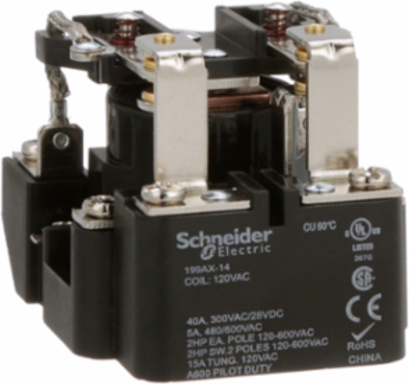 Power Relay, DPDT, open cover type, screw terminal, 40A, 120V AC, 2 C/O