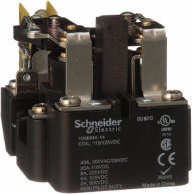 Power relay, SE Relays, DPDT, 40A, 120 VDC, magnetic blowout, auxiliary switch, open type