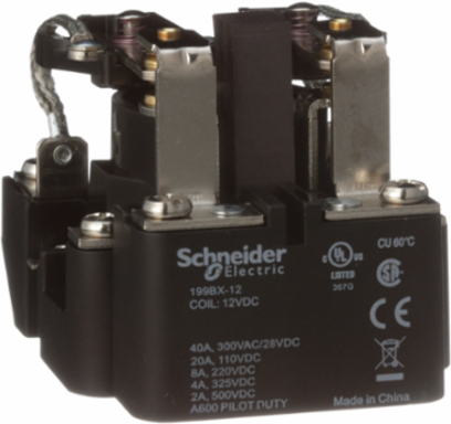 Power relay, SE Relays, DPDT, 40A, 12 VDC, magnetic blowout, open type