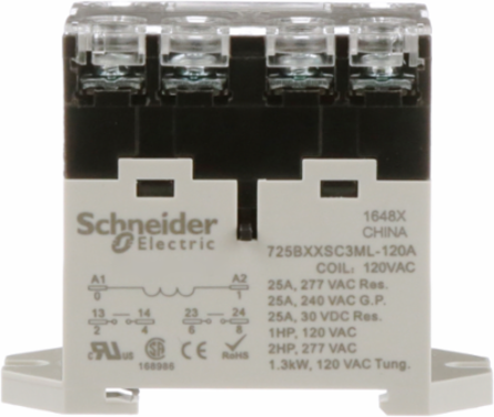 Power relay, SE Relays, 25A, 2NO, 120VAC, LED push button, screw terminals, DIN or panel mount