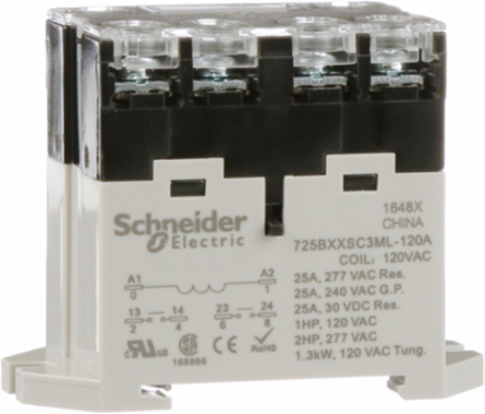 Power relay, SE Relays, 25A, 2NO, 120VAC, LED push button, screw terminals, DIN or panel mount