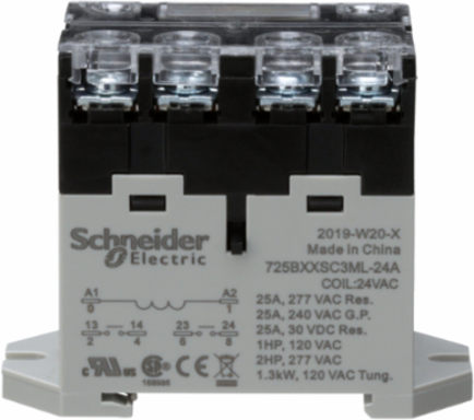 Power relay, SE Relays, 25A, 2NO, 24VAC, LED push button, screw terminals, DIN or panel mount