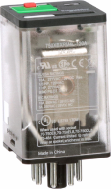 Plug-in electromechanical relay, General Purpose Relays, DPDT, LED clear cover, lock push button, octal terminal 8 pins, 10A, 120V AC, 2NC + 2NO