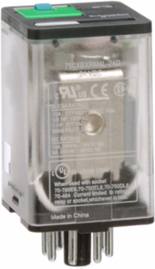General purpose relay, SE Relays, 750R, DPDT, 10A, 24 VDC, octal terminal 8 pins, clear cover with LED, lock push button