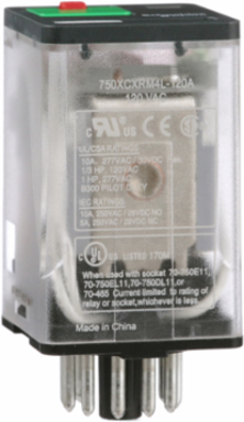General purpose relay, SE Relays, 750R, 3PDT, 10A, 120VAC, octal terminal 11 pins, LED clear cover, lock push button