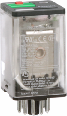 General purpose relay, SE Relays, 750R, 3PDT, 10A, 24VAC, octal terminal 11 pins, LED clear cover, lock push button