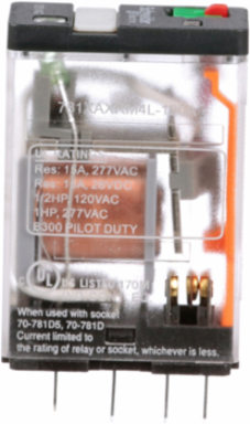 Power Relay, General Purpose Relays, SPDT, LED clear cover, lock push button, faston terminal, 15A, 120V AC, 1NO + 1NC