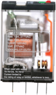 Power Relay, General Purpose Relays, SPDT, LED clear cover, lock push button, faston terminals, 15A, 24V AC, 1NC + 1NO