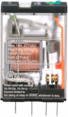 Power Relay, General Purpose Relays, SPDT, LED clear cover, lock push button, faston terminals, 15A, 24V AC, 1NO + 1NC