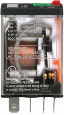 Power Relay, General Purpose Relays, DPDT, LED clear cover, lock push button, faston terminals, 15A, 12V DC, 2NO + 2NC