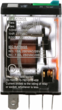 Power Relay, General Purpose Relays, DPDT, LED clear cover, lock push button, faston terminals, 15A, 24V DC, 2NO + 2NC