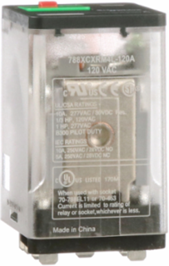 General purpose relay, SE Relays, 788R, 3PDT, 10A, 120 VAC, Quick terminal, clear cover with LED, lock push button