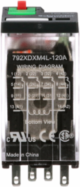 Relay, General Purpose Relays, 4PDT, LED clear cover, lock push button, faston terminals, 6A, 120V AC, 4NC + 4NO