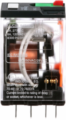 Relay, General Purpose Relays, 4PDT, LED clear cover, lock push button, faston terminals, 6A, 120V AC, 4NC + 4NO