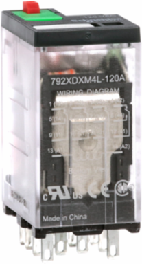 Relay, General Purpose Relays, 4PDT, LED clear cover, lock push button, faston terminals, 6A, 120V AC, 4NC + 4NO