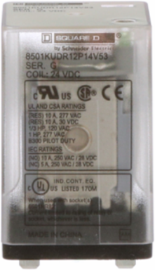 Plug-In Relay DPDT 0.5 HP at 240 VAC, 24 VDC Coil, 10A Contacts