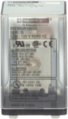 KU Plug-In Relay DPDT 120 VAC Coil, 0.5 HP, 10A Resistive