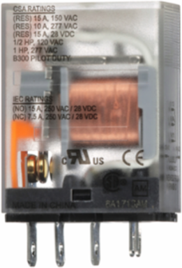 Miniature Relay SPDT 15A 120V AC, 1HP 277V AC, 1NO+1NC