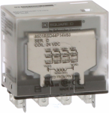Plug in relay, Type R, miniature, 1 HP at 277 VAC, 15A resistive at 120 VAC, 14 blade, 4PDT, 4 NO, 4 NC, 24 VDC coil