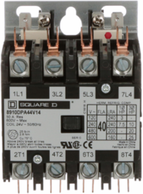Definite Purpose Contactor 40A 4 Pole 25HP at 575VAC 24VAC 3 Phase