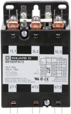 Contactor, Definite Purpose, 75A, 3 pole, 40HP at 575VAC, 3 phase, 110/120VAC 50/60Hz coil, open