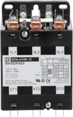 Definite Purpose Contactor 90A 3 Pole 50HP 575VAC 110/120VAC Coil