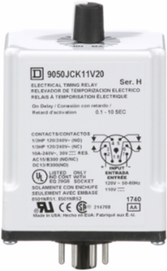 Timing Relay, On Delay, 0.1-10 Seconds, 10A, 240V AC, Plug-In