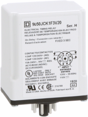 Timing Relay, ON Delay, 10A, 240 VAC, 3 Seconds, DPDT