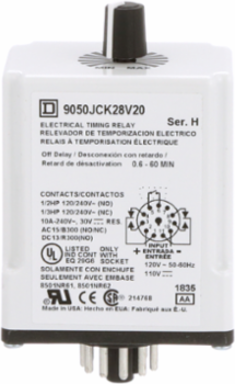 Timing Relay, Plug-In, Off Delay, 10A, 240 VAC, 0.6-60 min
