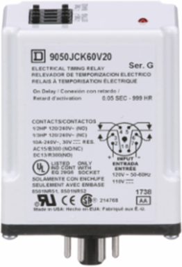 Timing Relay, Plug-In, 0.5s to 999h, 10A, 120/240V AC