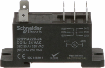 Power Relay, DPDT, class F coil insulation, DIN rail and panel mount cover, 30A, 24V AC, 2 C/O