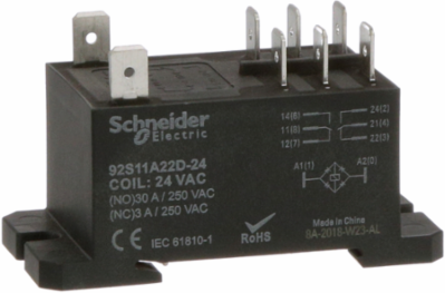 Power Relay, DPDT, class F coil insulation, DIN rail and panel mount cover, 30A, 24V AC, 2 C/O