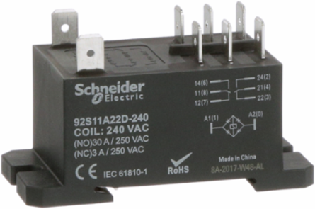 Power relay, SE Relays, DPDT, 30A, 240 VAC, DIN rail and panel mount cover, class F insulation