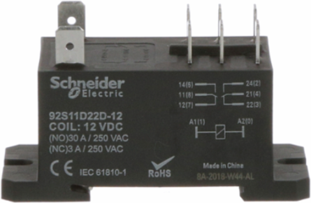 Power Relay, DPDT, class F coil insulation, DIN rail and panel mount cover, 30A, 12V DC, 2 C/O