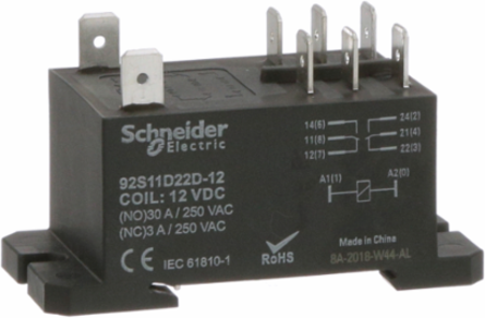 Power Relay, DPDT, class F coil insulation, DIN rail and panel mount cover, 30A, 12V DC, 2 C/O