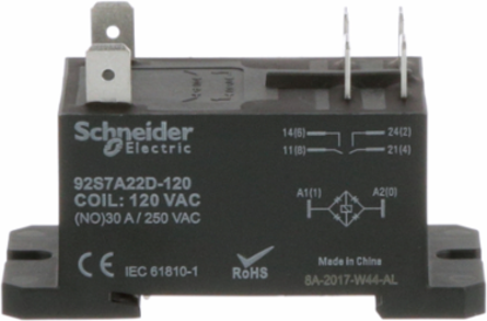 Power Relay, DPST-NO, class F coil insulation, DIN rail and panel mount cover, 30A, 120V AC, 2NO